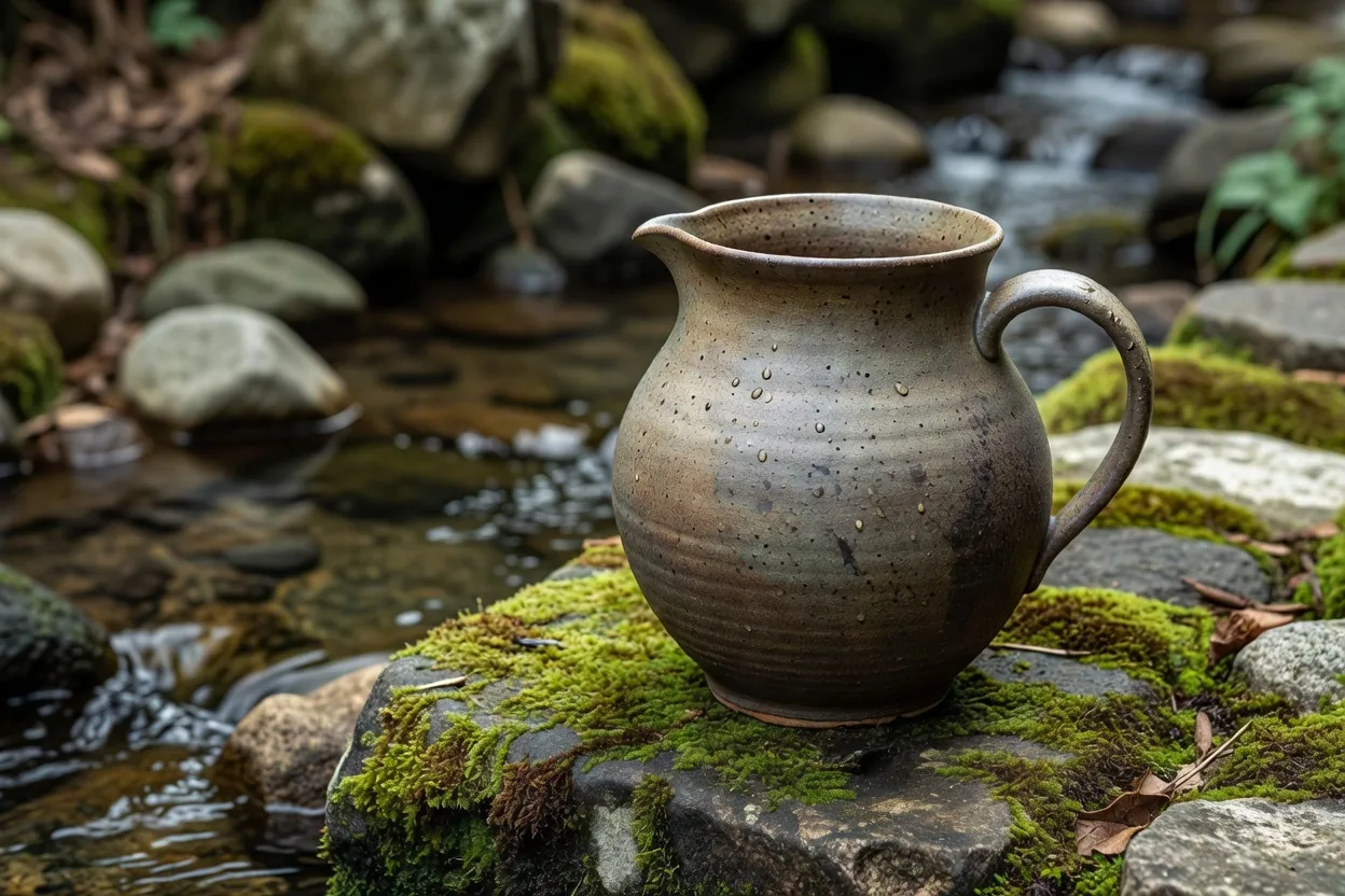 小川のそばの陶器の水差し